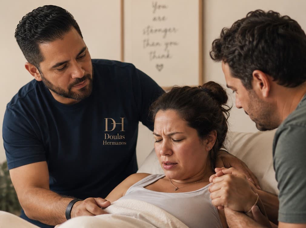 A Doulas Hermanos doula calmly supporting a laboring mother while her partner holds her hand