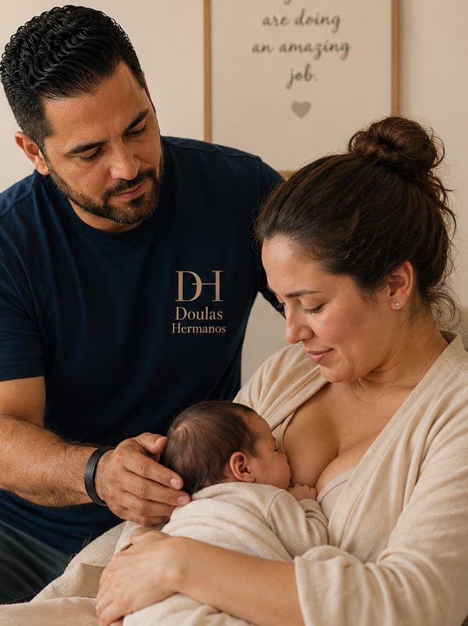 A Doulas Hermanos doula gently supporting a mother as she nurses her newborn